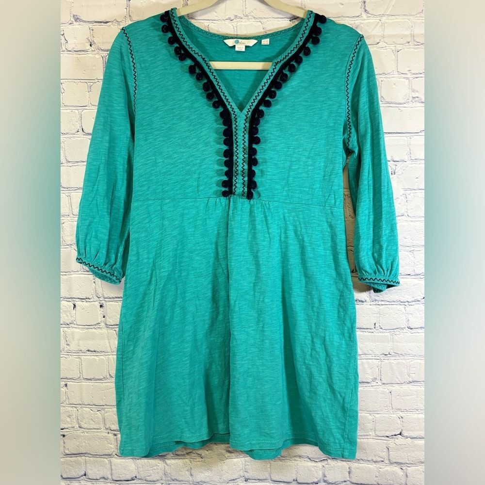 Boden Teal Carina Jersey Tunic Pom Pom Beach Vacation Resort Mini Coverup Dress